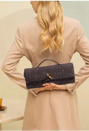 Woven Leather, Clutch, Top Handle Satchel Crossbody, Gold Closure Brushed Leather Wallet