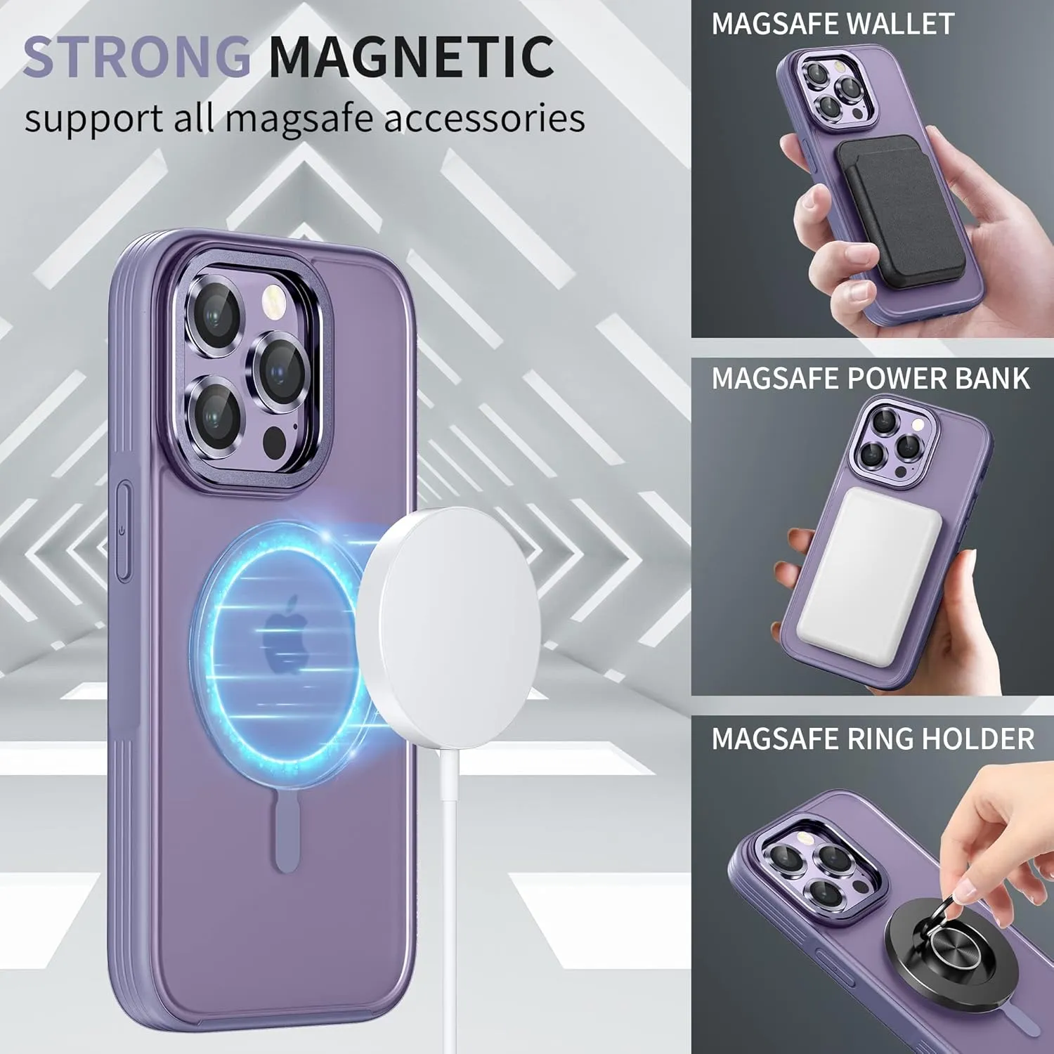 WSKEN Magnetic Case for iPhone 14 Pro,Compatible with Magsafe [3X Camera Lens Protector] Premium Translucent Military Grade Shockproof Hard Back Phone Cover for 14 Pro 6.1 Inch Accessories,Purple