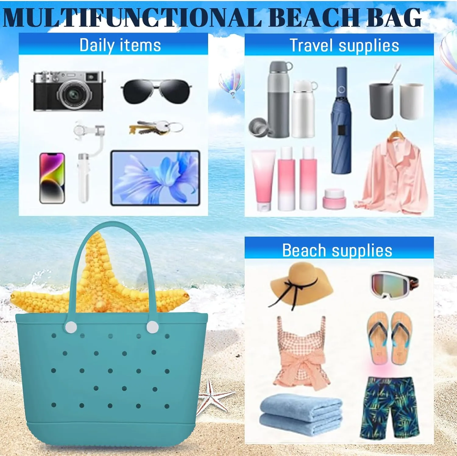 X-Large Rubber Tote Bag Waterproof Beach Washable Handbag Storage Bags Durable Modern Travel SportsTote Bag