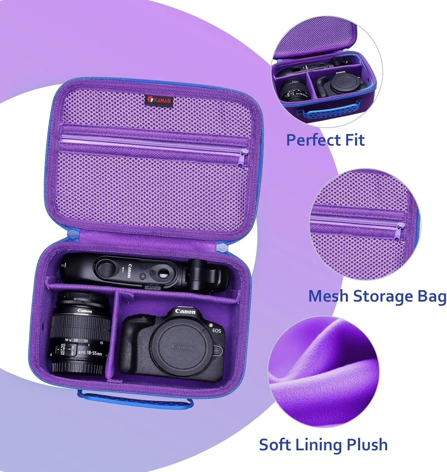 XANAD Camera Case Compatible with Canon EOS Rebel T7 / R100 / R50 / R6 Mark II / R8 / T100, Sony, Nikon DSLR Camera, Lens, Tripod, with 4 Pieces of Dividers and Shoulder Strap(Purple)
