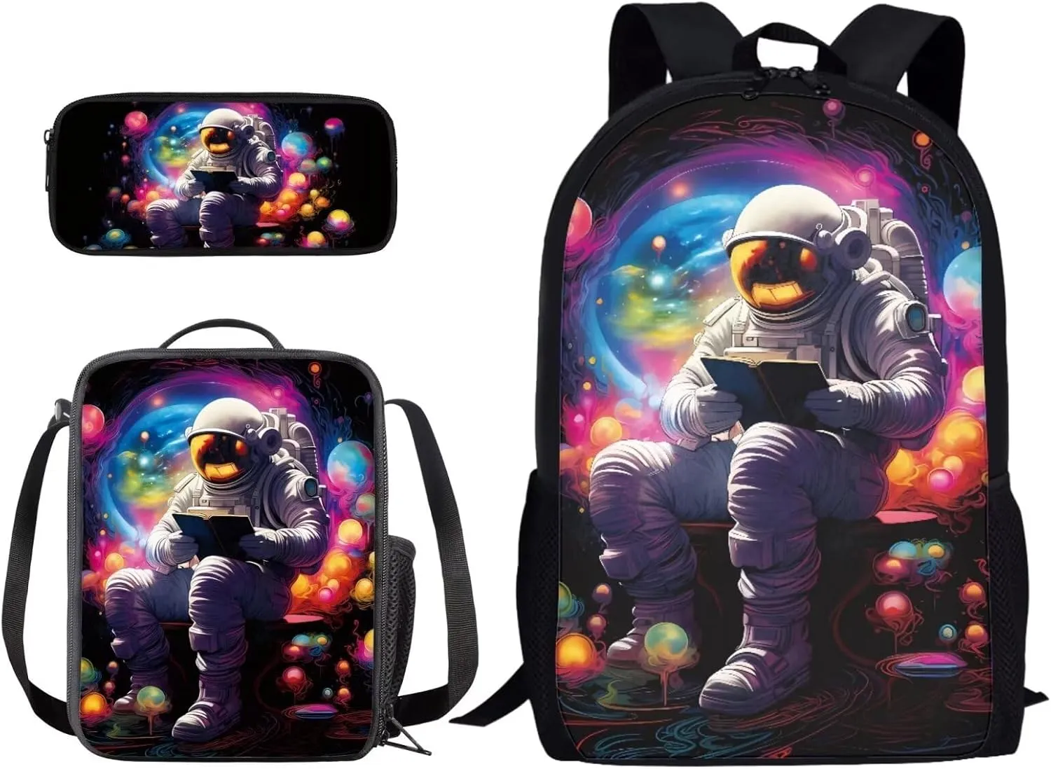 Xoenoiee Astronaut Colored Paint Pattern Kids Backpacks for Middle School, Lightweight Bookbag Water Resistant with Lunch Pack Pencil Bag 3pcs