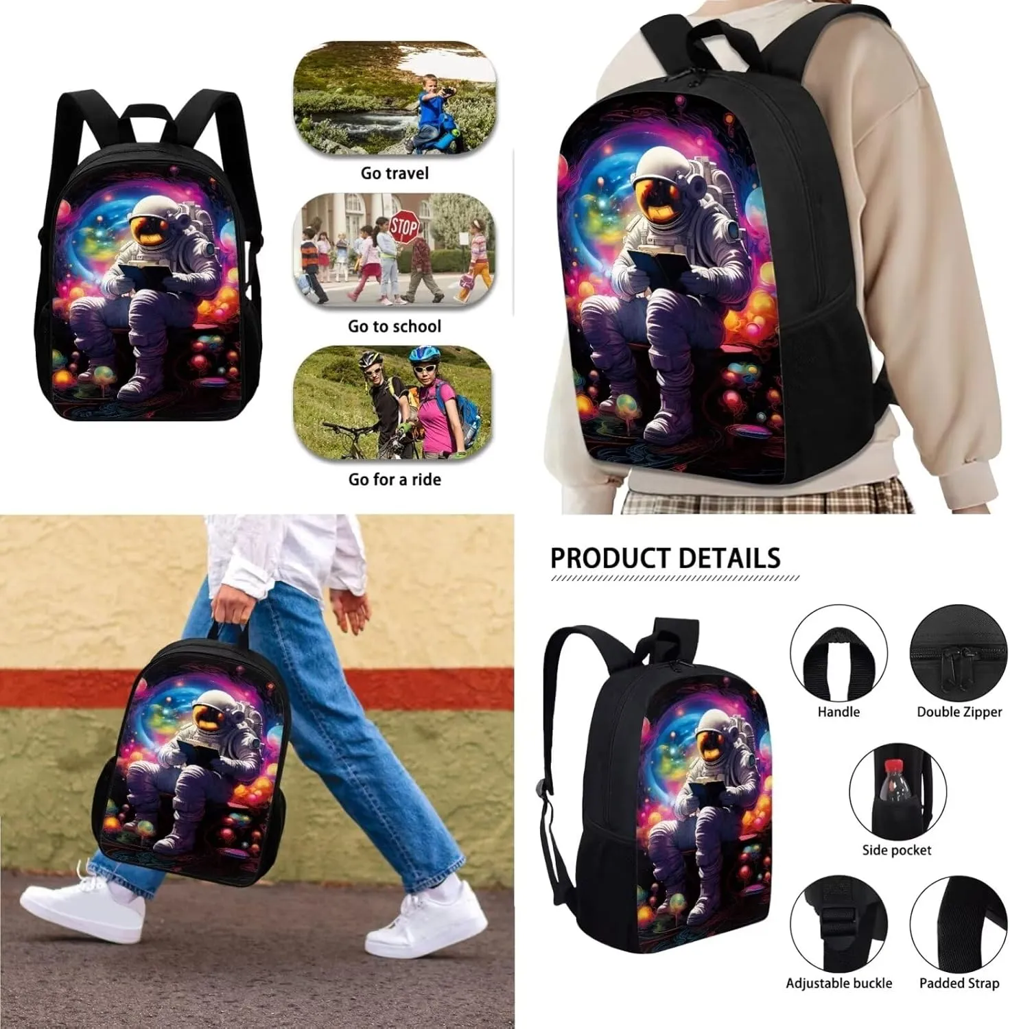 Xoenoiee Astronaut Colored Paint Pattern Kids Backpacks for Middle School, Lightweight Bookbag Water Resistant with Lunch Pack Pencil Bag 3pcs