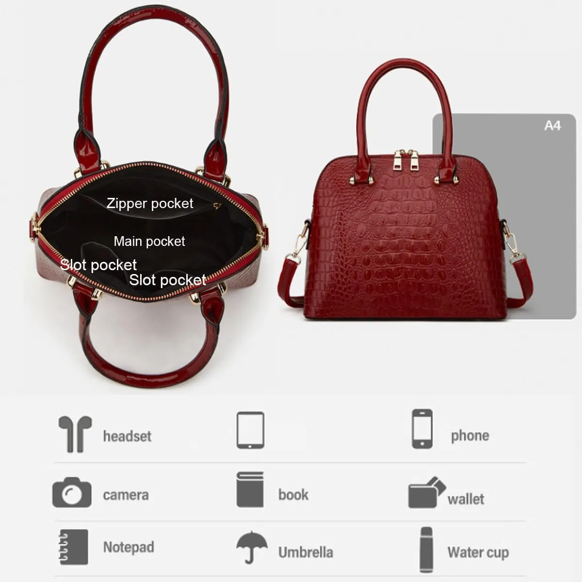 XXGJOALD-Women Crocodile Pattern Handbag Patent Leather Purse Shell Shoulder Bag Top-Handle Satchel Tote Wallet Work Party