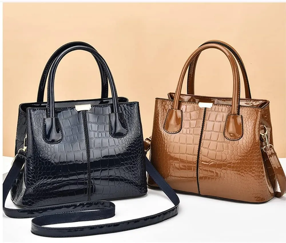 XXGJOALD-Women Handbags Classic Top Handle Purse Shiny Patent Leather Crocodile Pattern Totes Stylish Satchel Shoulder Bag