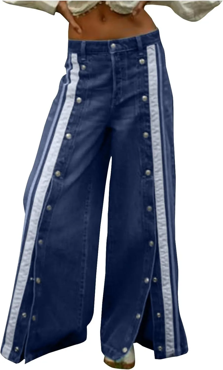 Y2k Jeans for Women Flowy Wide Leg Denim Pant Baggy Button Straight Leg Mid Rise Jeans Casual Comfy Streetwear