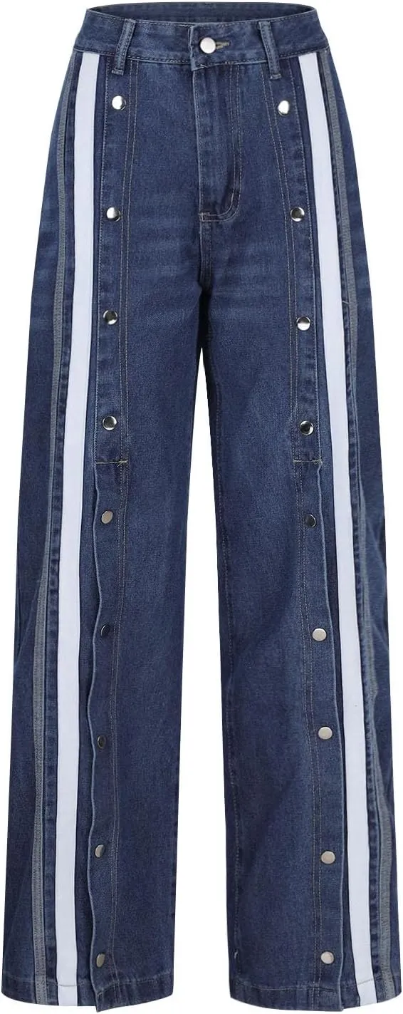 Y2k Jeans for Women Flowy Wide Leg Denim Pant Baggy Button Straight Leg Mid Rise Jeans Casual Comfy Streetwear