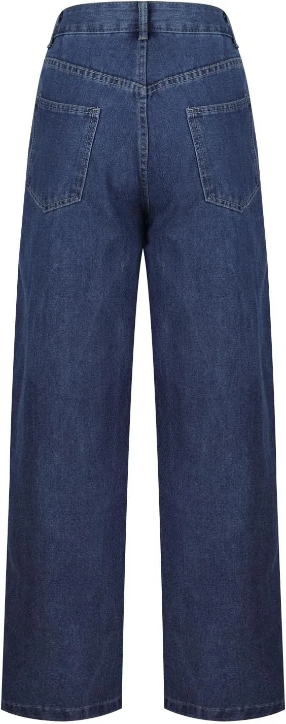 Y2k Jeans for Women Flowy Wide Leg Denim Pant Baggy Button Straight Leg Mid Rise Jeans Casual Comfy Streetwear