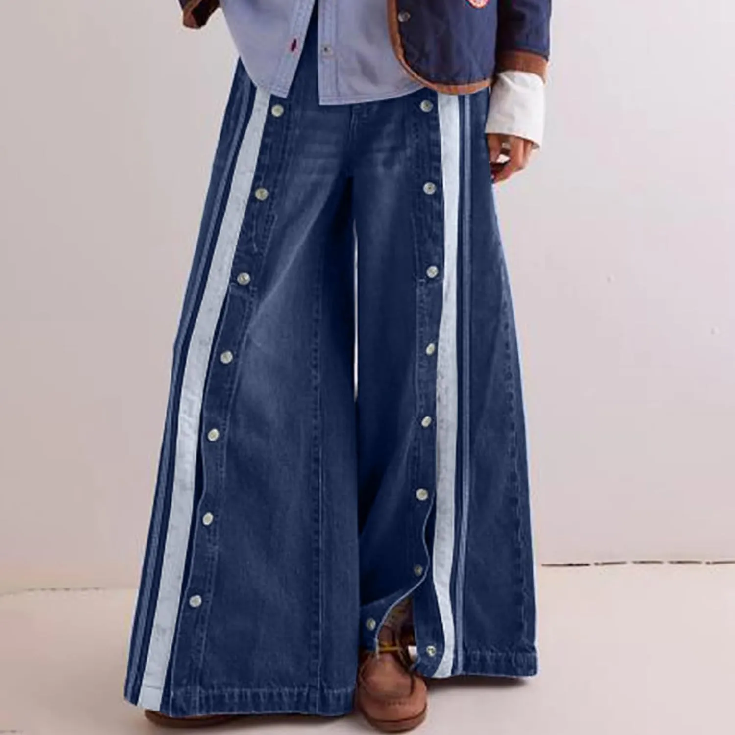 Y2k Jeans for Women Flowy Wide Leg Denim Pant Baggy Button Straight Leg Mid Rise Jeans Casual Comfy Streetwear