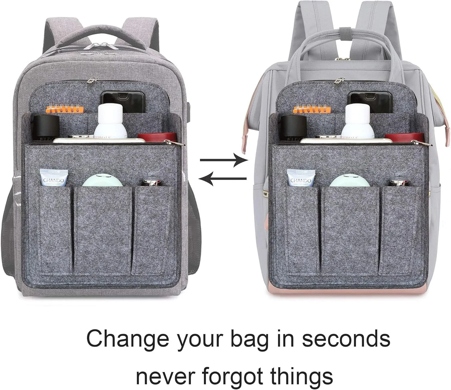 Yoillione Felt Backpack Organizer Insert for Women and Men, Large Travel Rucksack Insert with High Capacity, Lightweight Bag Organizer with Zipper Pockets