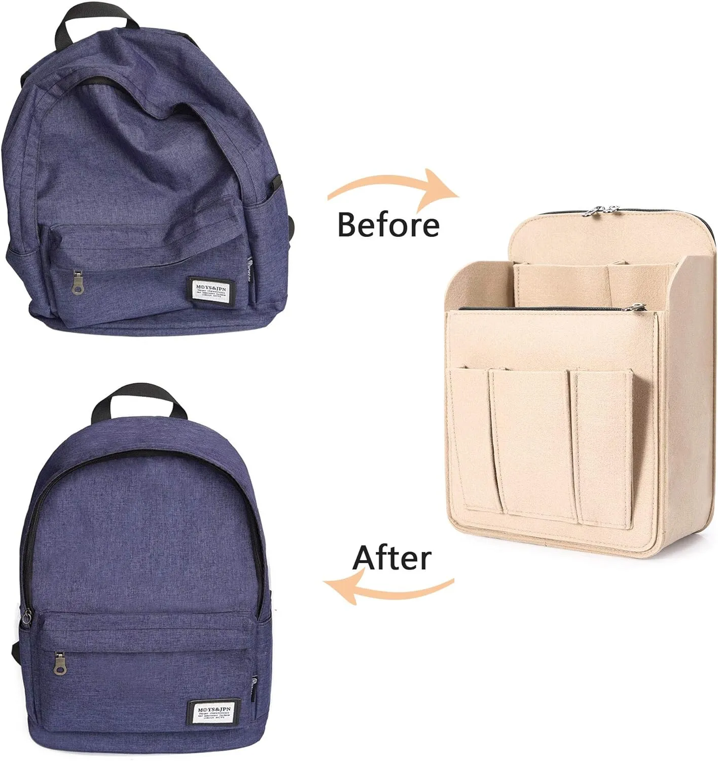 Yoillione Felt Backpack Organizer Insert for Women and Men, Large Travel Rucksack Insert with High Capacity, Lightweight Bag Organizer with Zipper Pockets