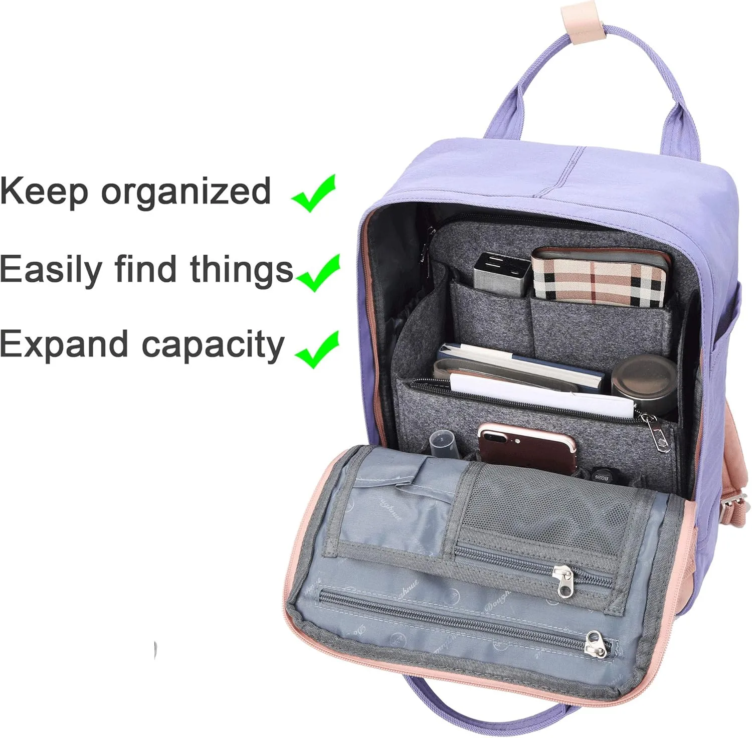 Yoillione Felt Backpack Organizer Insert for Women and Men, Large Travel Rucksack Insert with High Capacity, Lightweight Bag Organizer with Zipper Pockets