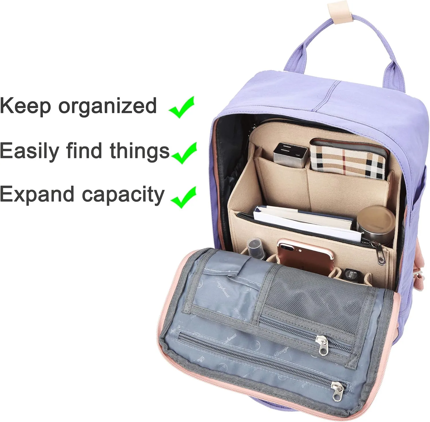 Yoillione Felt Backpack Organizer Insert for Women and Men, Large Travel Rucksack Insert with High Capacity, Lightweight Bag Organizer with Zipper Pockets