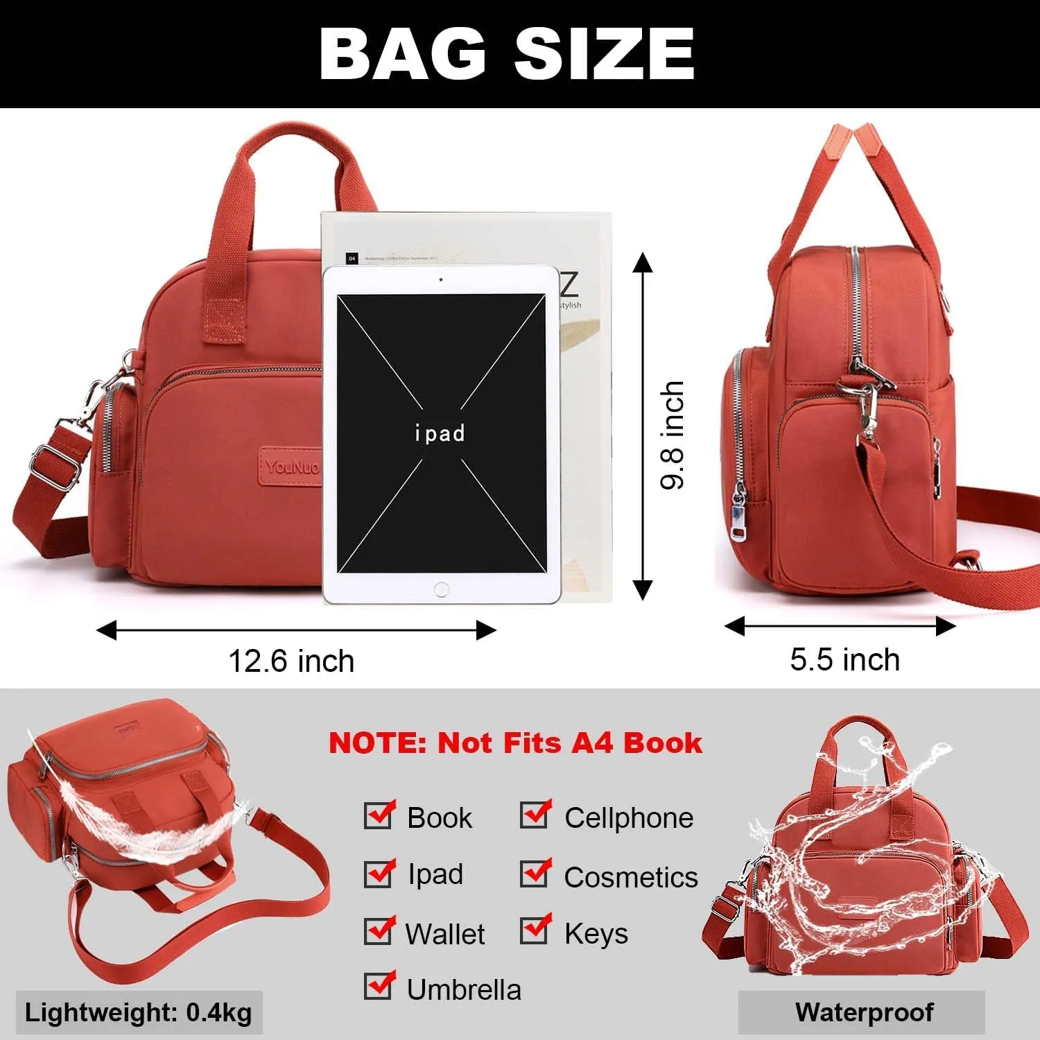 YouNuo Women Shoulder Handbag, Convertible Backpack Purse, Multipurpose Nylon Crossbody Purse, Ladies Multi Pocket Tote