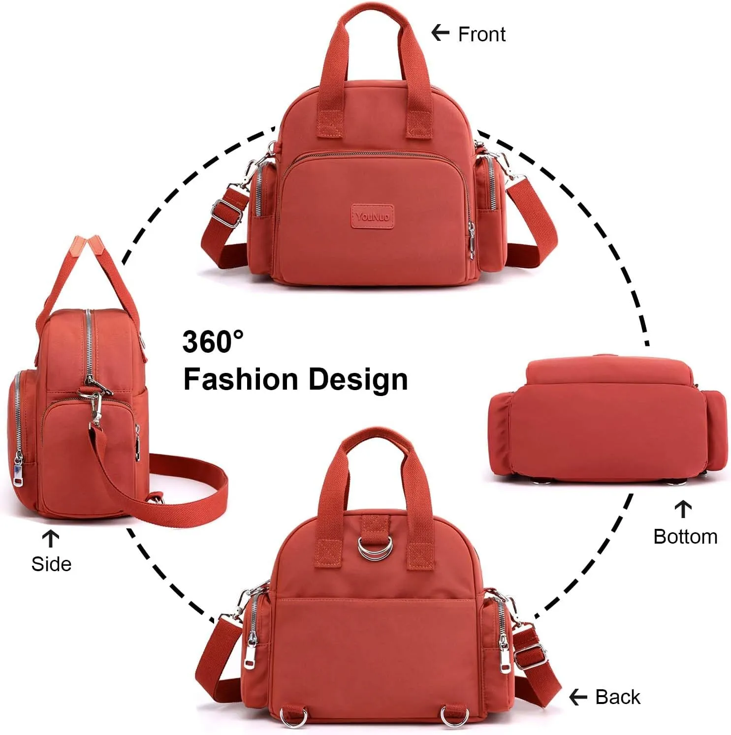 YouNuo Women Shoulder Handbag, Convertible Backpack Purse, Multipurpose Nylon Crossbody Purse, Ladies Multi Pocket Tote