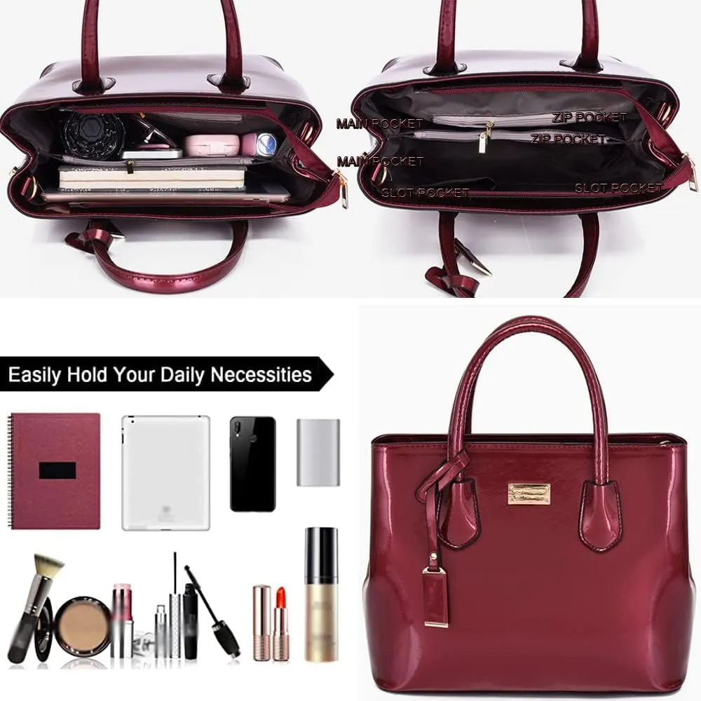ZiMing Womens Handbags 2Pcs Glossy Patent Leather Tote Bag Top Handle Handbag Satchel Purse Shoulder Crossbody Bag Card Hold