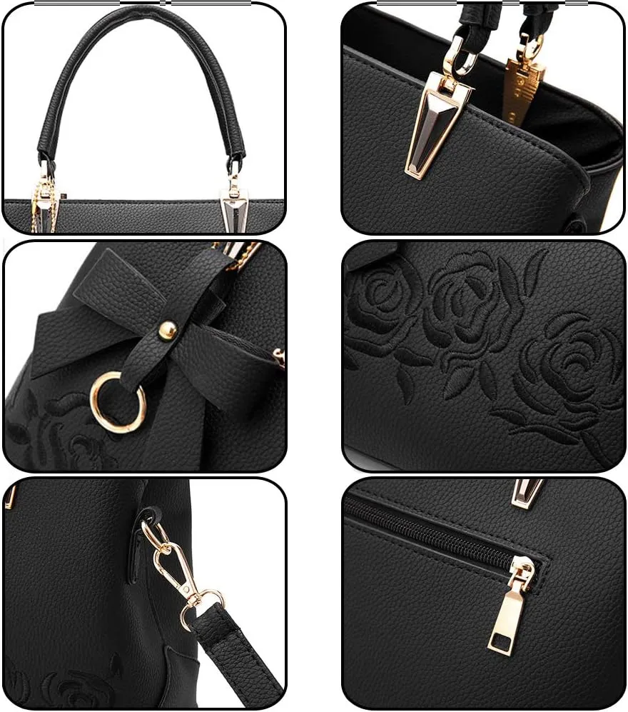 ​ZiMing Womens Handbags Floral Embroidery Satchel Bag Faux Leather Top Handle Purse Medium Tote Bag Crossbody Shoulder Bag
