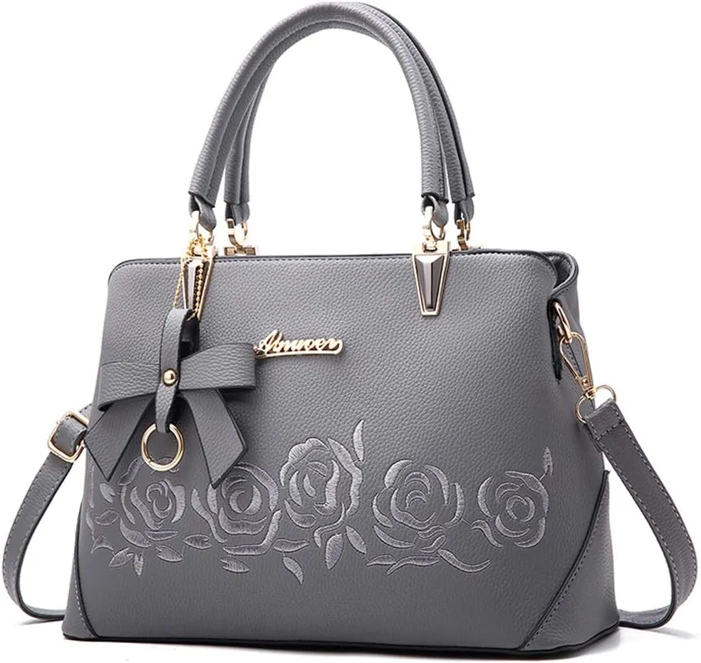 ​ZiMing Womens Handbags Floral Embroidery Satchel Bag Faux Leather Top Handle Purse Medium Tote Bag Crossbody Shoulder Bag
