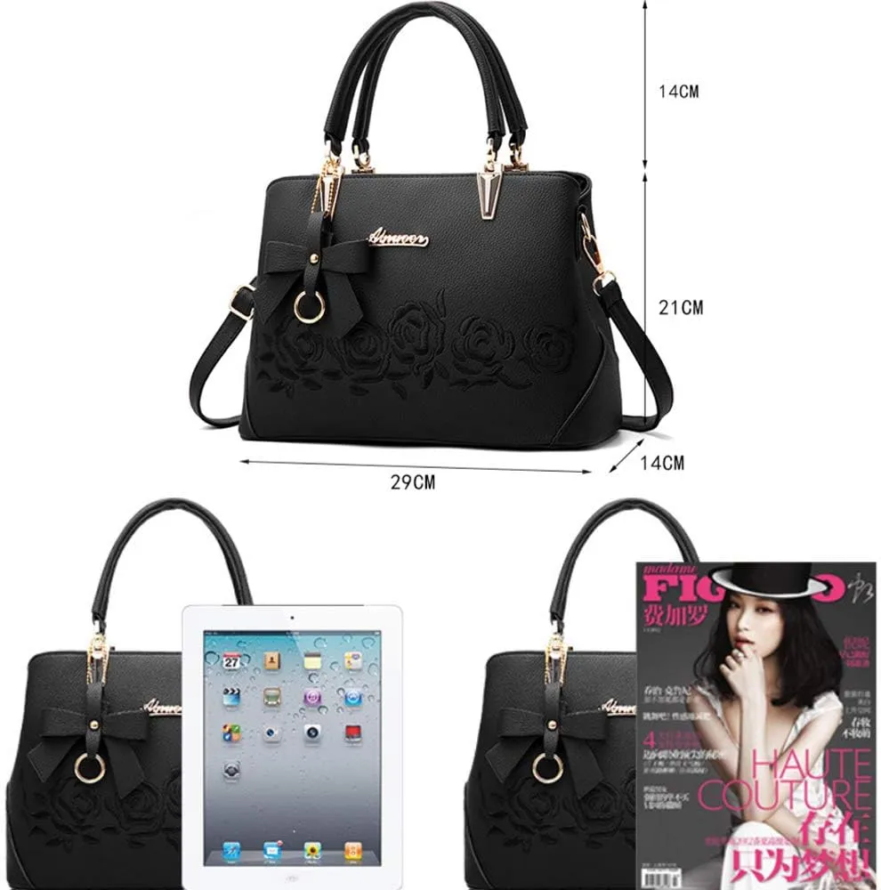 ​ZiMing Womens Handbags Floral Embroidery Satchel Bag Faux Leather Top Handle Purse Medium Tote Bag Crossbody Shoulder Bag