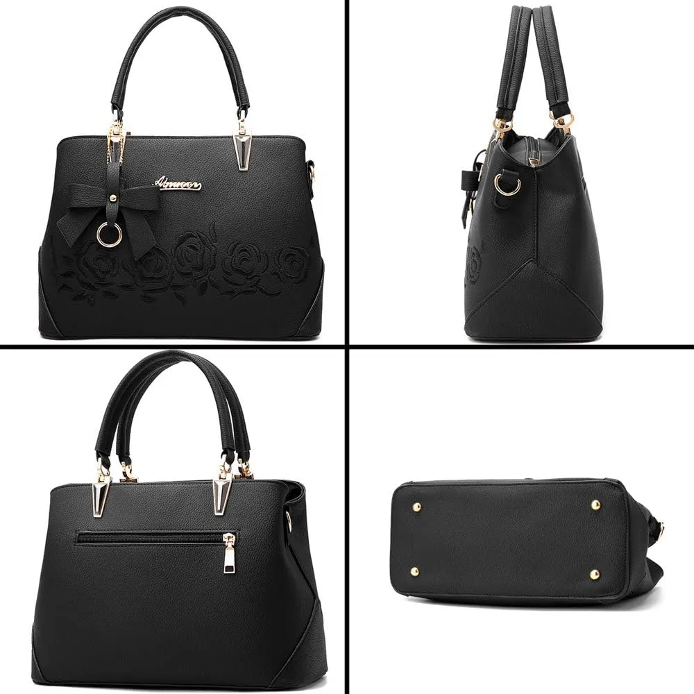 ​ZiMing Womens Handbags Floral Embroidery Satchel Bag Faux Leather Top Handle Purse Medium Tote Bag Crossbody Shoulder Bag