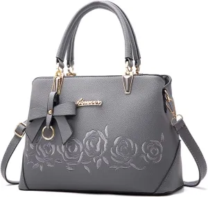 ​ZiMing Womens Handbags Floral Embroidery Satchel Bag Faux Leather Top Handle Purse Medium Tote Bag Crossbody Shoulder Bag