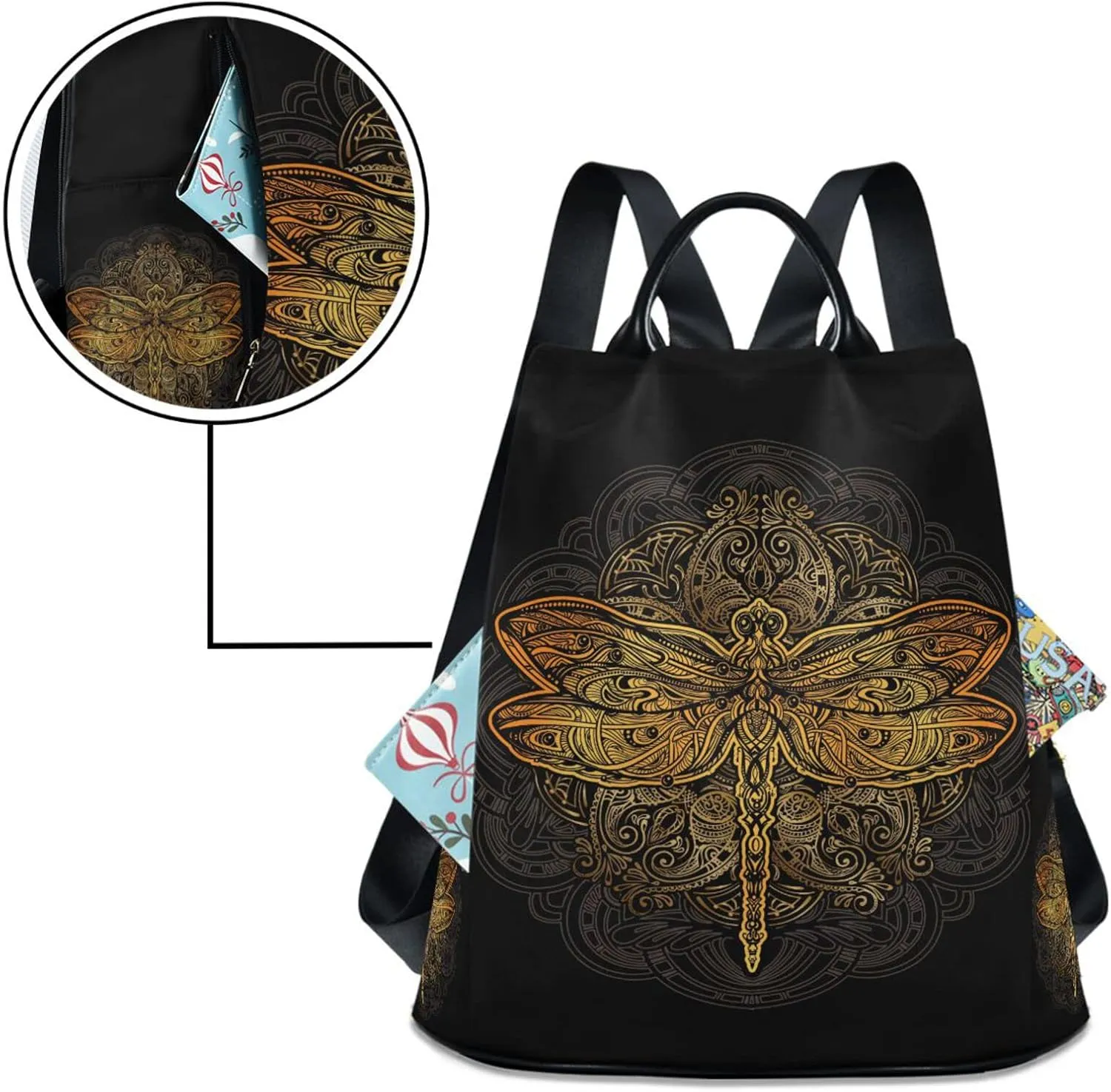 ZZKKO Golden Dragonfly Backpack Purse for Women Rucksack Anti Theft Fashion Travel Lightweight Ladies Shoulder Bag