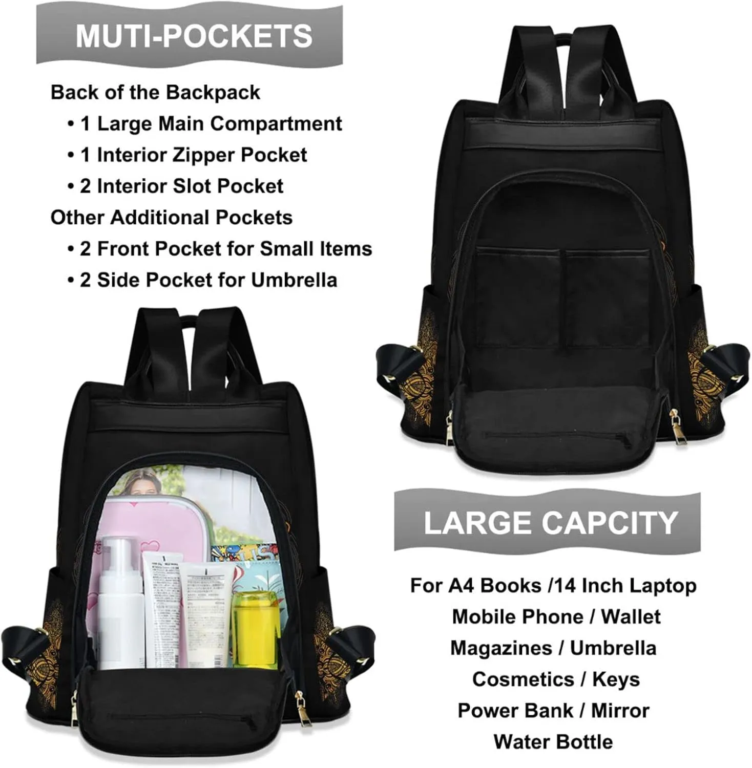 ZZKKO Golden Dragonfly Backpack Purse for Women Rucksack Anti Theft Fashion Travel Lightweight Ladies Shoulder Bag