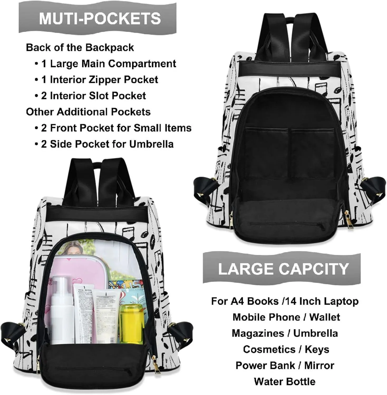 ZZKKO Hand Drawn Music Notes Backpack Purse for Women Rucksack Anti Theft Fashion Travel Lightweight Ladies Shoulder Bag