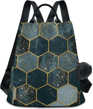 ZZKKO Marble Hexagon Golden Backpack Purse for Women Rucksack Anti Theft Fashion Travel Lightweight Ladies Shoulder Bag
