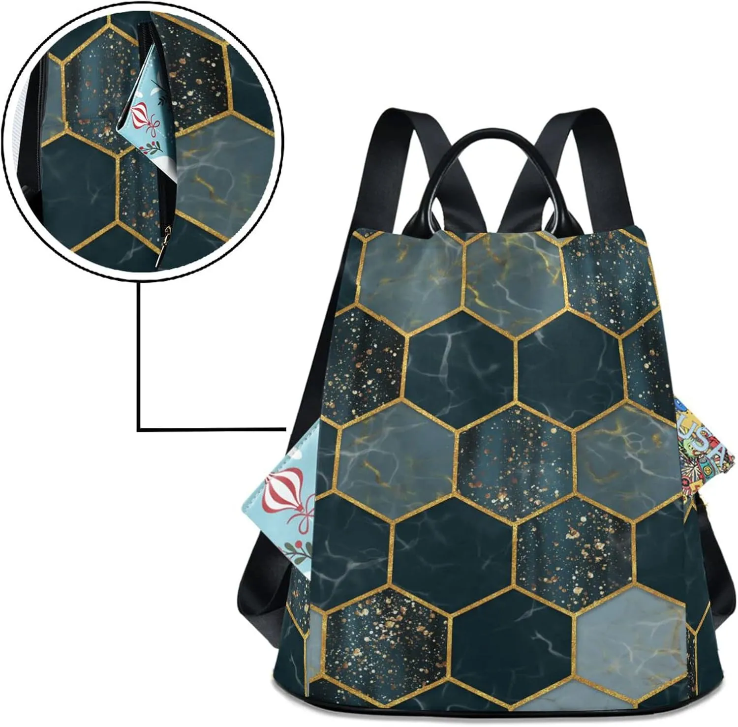 ZZKKO Marble Hexagon Golden Backpack Purse for Women Rucksack Anti Theft Fashion Travel Lightweight Ladies Shoulder Bag