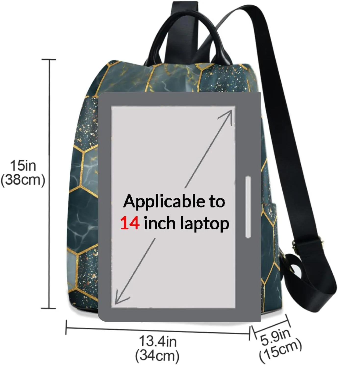 ZZKKO Marble Hexagon Golden Backpack Purse for Women Rucksack Anti Theft Fashion Travel Lightweight Ladies Shoulder Bag