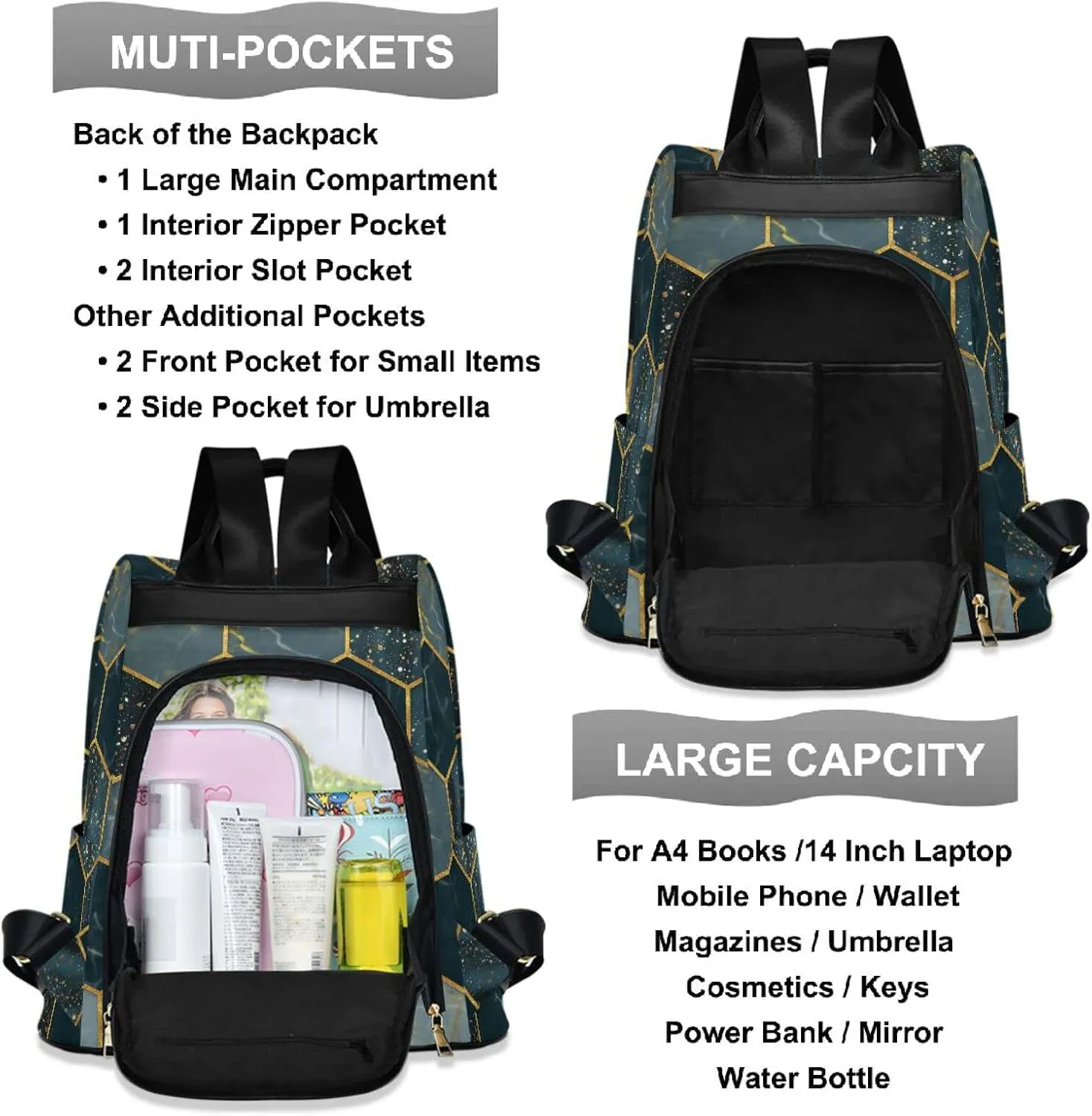 ZZKKO Marble Hexagon Golden Backpack Purse for Women Rucksack Anti Theft Fashion Travel Lightweight Ladies Shoulder Bag